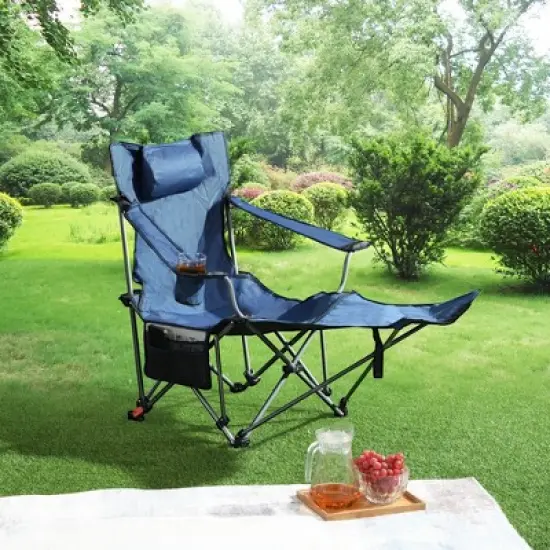 Sevobal Outdoor Portable Chairs Adjustable Reclining Camping Chair with Side Pockets and Cup Holder for Lawn and Patio, Dark Blue, 44.9"*20.9"*35.4" image {1}