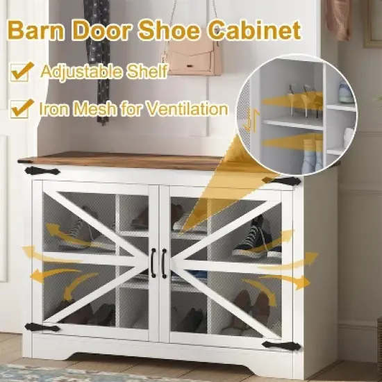 Farmhouse Hall Tree, 4-in-1 Entryway Organizer with 7 Shoe Cubbies & 7 Hooks, Storage Bench for Mudroom/Hallway/Bedroom image {3}