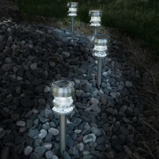 Nature Spring Solar Powered Lights - Set of 4 - LED Outdoor Stake Spotlight Fixture for Gardens, Pathways, and Patios, Silver image {2}