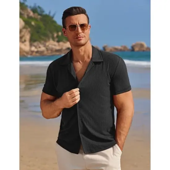 COOFANDY Mens Knit Button Down Short Sleeve Button Up Shirt Summer Casual Beach Tops image {5}