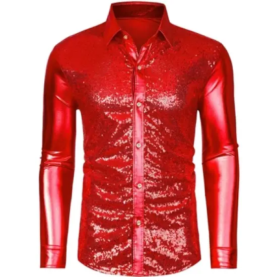 Lars Amadeus Men's Shiny Sequins Slim Fit Long Sleeves Button Down Disco Party Shirt image {6}
