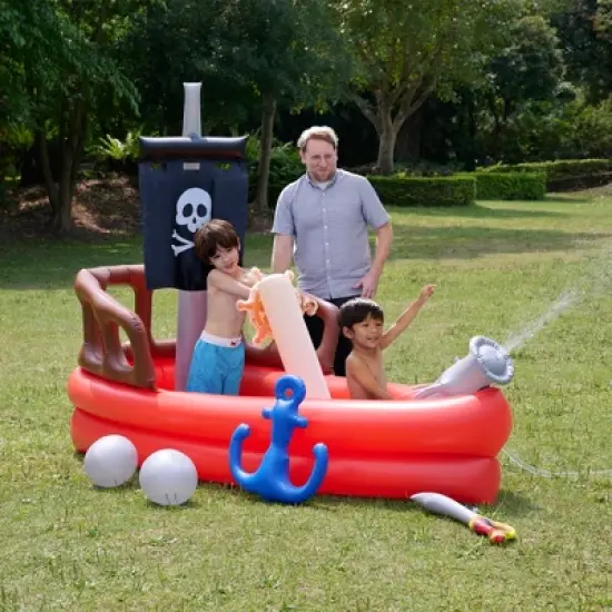 Teamson Kids Water Pool Pirate Ship Inflatable Kids Sprinkler with Air Pump, Beach Balls, & Accessories, Inflatable Outdoor Play Sprinkler System, Red image {10}