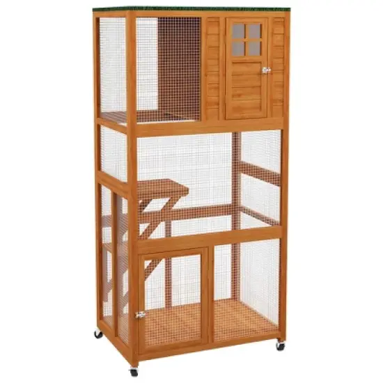 PawHut 74" Wooden Outdoor Cat House Weatherproof & Wheeled, Catio Outdoor Cat Enclosure with High Weight Capacity, Cat Cage Condo image {8}