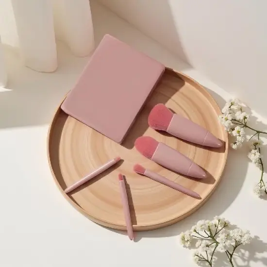 BABYYER 5-Piece Makeup Brush Set with Mirror & Travel Case Hypoallergenic Vegan Bristles for Sensitive Skin,for On-the-Go Touchups (Pink) image {6}