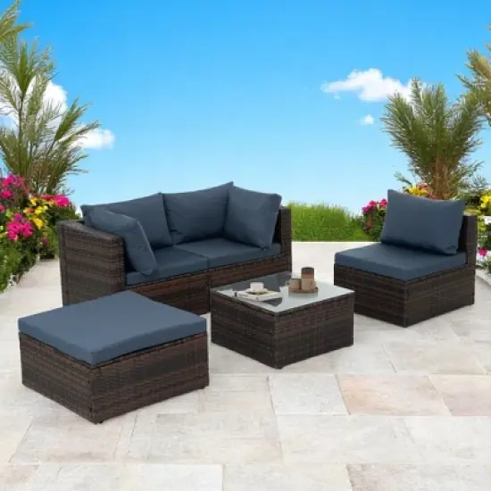 5-Piece Patio Furniture Set with PE Wicker Furniture set, Tempered Glass Table, Cushions with Zipper,Outdoor Furniture set image {16}