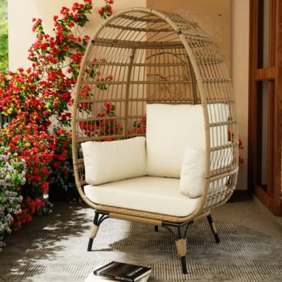 Egg Chair, Wicker Egg Chair with Plush Cushion, Steel Frame and Metal Base, Lounge Chair for Indoor & Outdoor Patio, Living Room, and Backyard image {6}