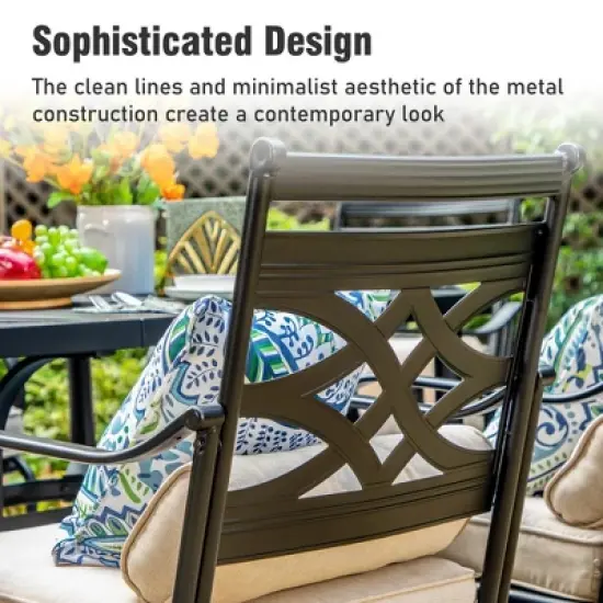 Captiva Designs 9pc Spacious Slat-top Square Metal Table with Umbrella Hole & Fixed Metal Chairs with Cushions image {9}