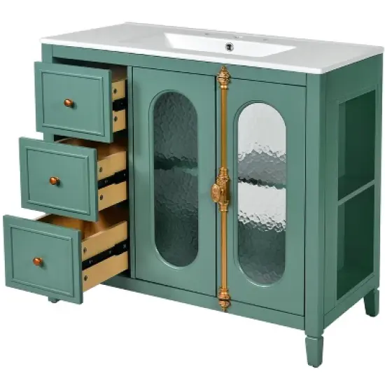 36" Solid Wood Bathroom Vanity with Soft Close Doors, 3 Drawers & Ceramic Sink, White/Lake Green Modern Storage Cabinet - ModernLuxe image {9}