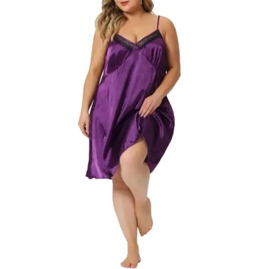 Agnes Orinda Women's Plus Size Satin V-Neck Sleeveles Lace Trim Nightgown image {1}