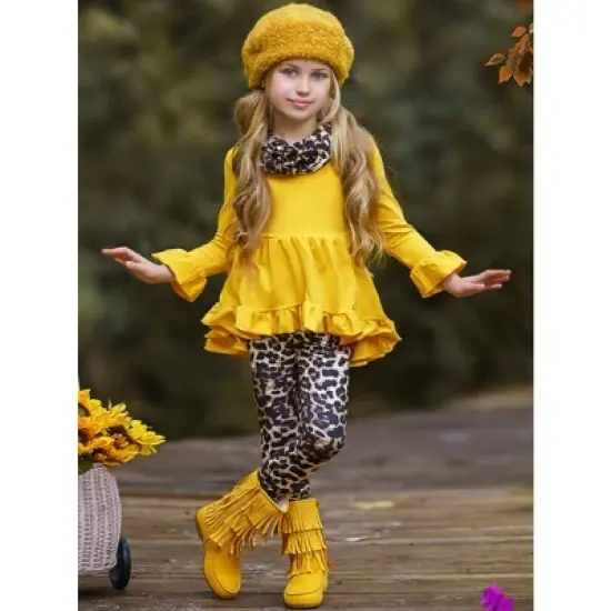 Girls Vibrant Cub Hi-Lo Ruffle Tunic, Leopard Leggings & Scarf Set - Mia Belle Girls image {3}