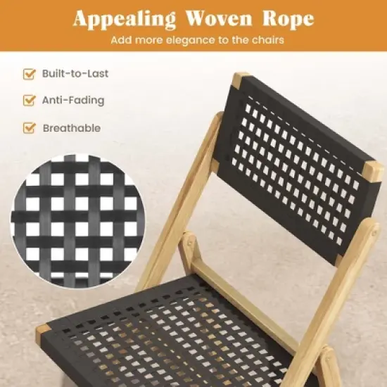 Costway 2/4 Piece Patio Folding Chairs with Woven Rope Seat & High Back Indonesia Teak Wood for Porch Natural&Black image {6}