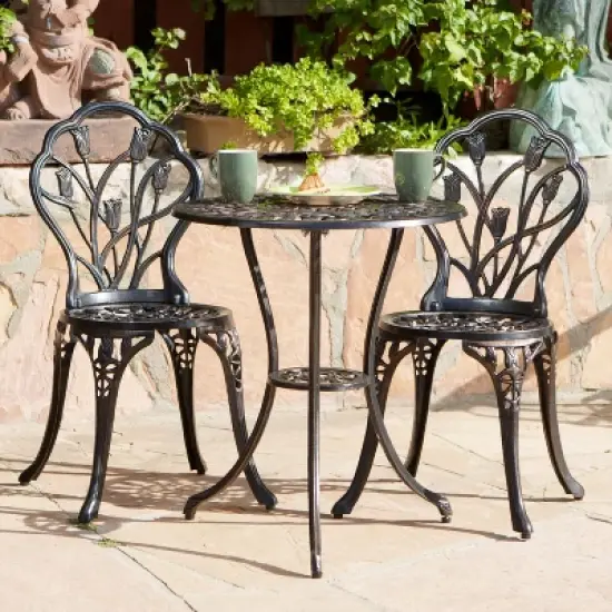 Christopher Knight Home Nassau Outdoor Vintage Style Cast Aluminum Bistro Set with Tulips image {1}