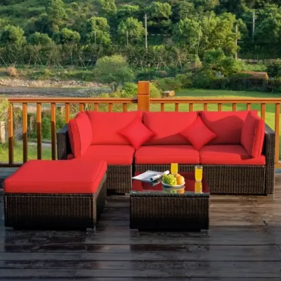 Tangkula 5PCS Rattan Sectional Sofa Set Patio Furniture Set w/ Red Cushion Pillow image {1}