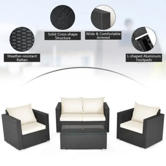 Costway 4PCS Patio Rattan Furniture Set Cushioned Sofa Chair Coffee Table Off White image {7}