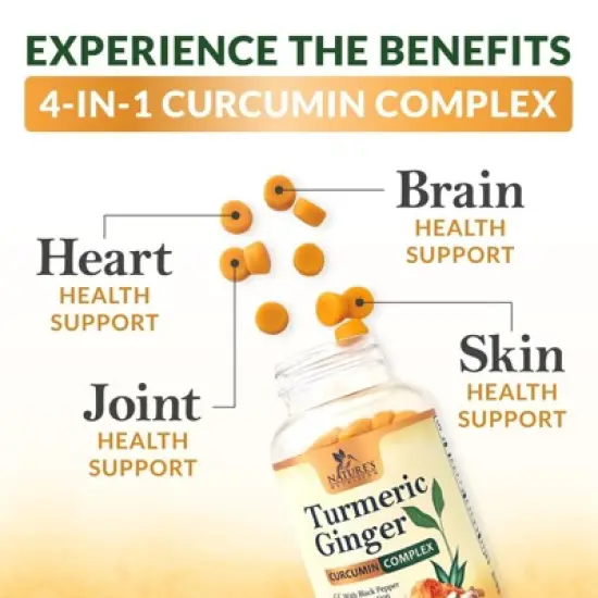 Turmeric Gummies with Black Pepper & Ginger for Best Absorption, 95% Curcuminoids Tumeric Curcumin - 60 Gummies By Nature's Nutrition image {8}