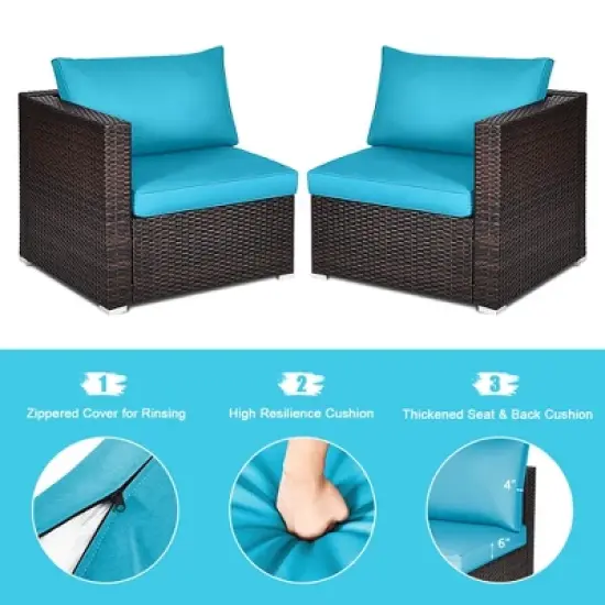 Tangkula 4PCS Rattan Corner Sofa Set Patio Outdoor Furniture Set w/ Blue Cushions image {5}