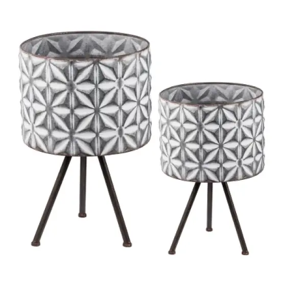 YUHAO Set of 2 Round Galvanized Grey Farmhouse Planter Stand for Indoor Outdoor Home Garden Decor - L:12"x19"x19", S:10"x17"x17" image {5}
