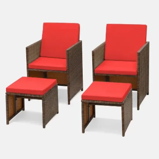4pc Outdoor Wicker Rattan Set with Cushioned Chairs & Ottomans - Devoko
 image {9}