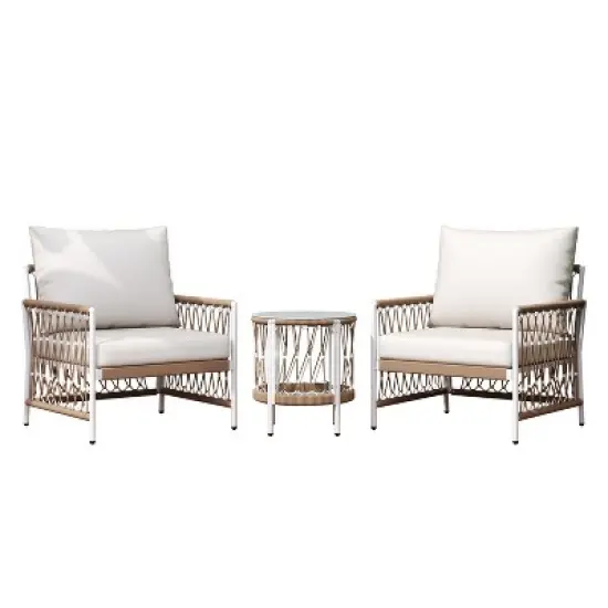 FIONECA 3-Piece Bohemian Outdoor Lounge Set &uml;C 2 Rope-Woven Chairs & Glass-Top Table with Waterproof Cushions, Patio/Garden/Poolside image {4}