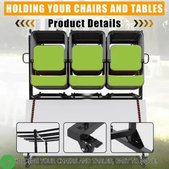 Folding Chair Rack 84 Chair Capacity Black Modern Style Heavy Duty Metal Adjustable Height Locking Wheels Cover Included image {4}