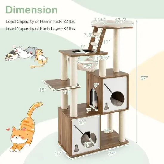 Tangkula Modern Cat Tree 57" Wood Cat Tower with Sisal Scratching Posts Padded Top Perch 2 Cat Condos Hanging Hammock & Climbing Ladder image {8}