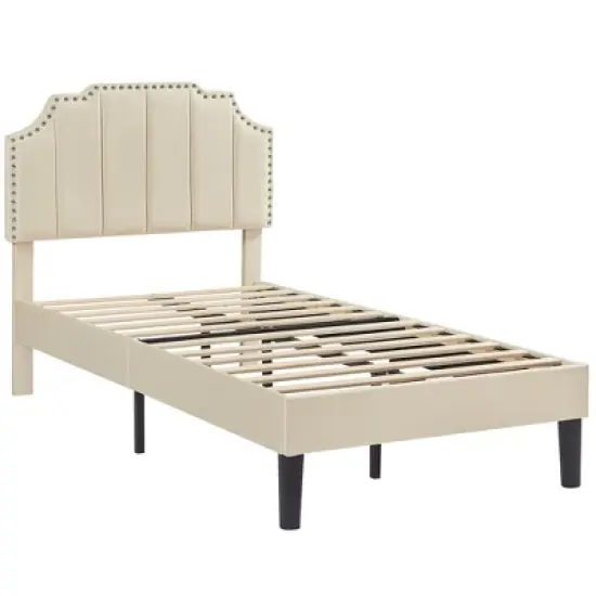 VECELO Upholstered Platform Bed Frame with Tufted Adjustable Headboard, Mattress Foundation, Wood Slat Support, Bed Frame image {4}