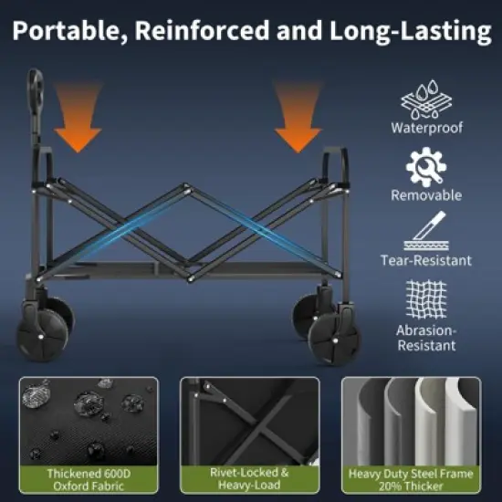 Wagons Carts Foldable,  Utility Collapsible Wagon with All-Terrain Wheels, Drink Holders & Adjustable Handle image {3}