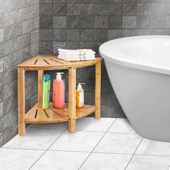 Bambusi Bamboo Corner Bench with Shelf for Bathroom, Living Room, Entryway or Outside image {1}