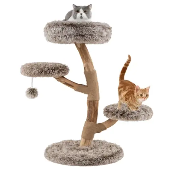 Costway Modern Cat Tree with Pear Wood Trunks Scratching Posts Soft Long Plush Fabric image {9}