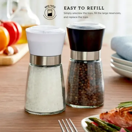 Kamenstein Glass Spice Grinders with Adjustable Ceramic Mechanism, Set of 2 - Prefilled Salt & Pepper Grinders for Kitchen Countertop Use image {4}