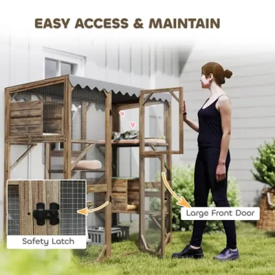 PawHut Catio Outdoor Cat Enclosure, Wooden Cat House with Window Access, 5 Platforms and 2 Resting Boxes, Waterproof Roof for Multiple Cats, Brown image {4}