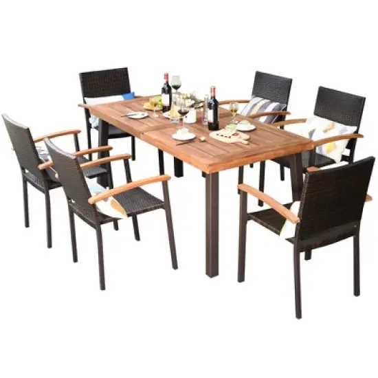 Costway 7PCS Patio Rattan Dining Set Acacia Wood Table Top Stackable Chairs image {8}