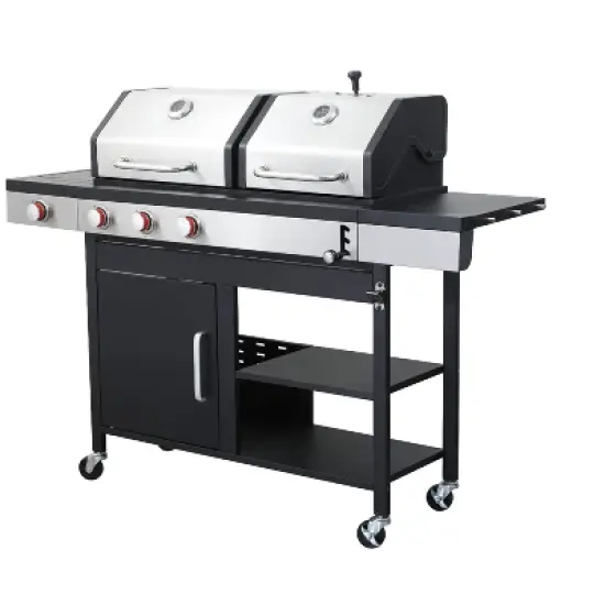Dolonm 3+1 Hybrid Grill: Gas & Charcoal Combo w/Side Burner, 37,230BTU, Enamel Cast Iron Grids & Lockable Casters (Black) image {3}