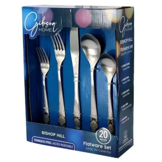Gibson Home Bishop Hill 20 Piece Stainless Steel Floral Flatware Set in Matte Silver image {8}
