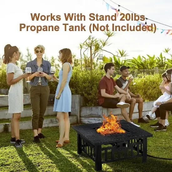 VECELO 30" Square Propane Fire Pit Table Faux-Stone Tabletop 50,000 BTU Gas with Mesh Lid Black image {3}