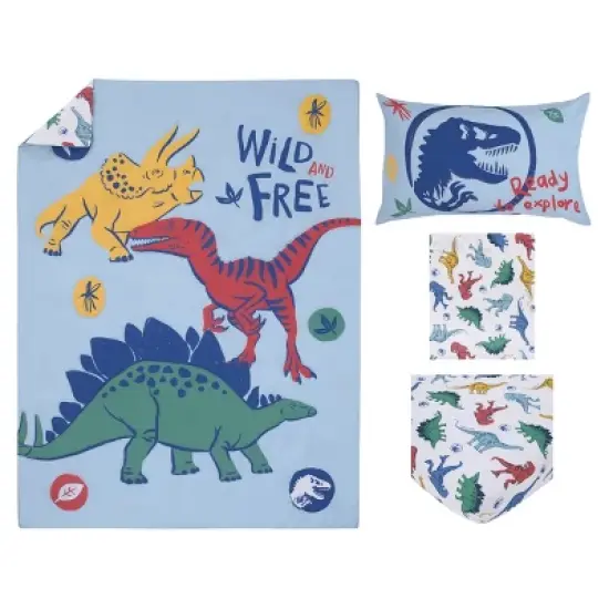 Universal Jurassic World Wild and Free Blue, Green, and Yellow Dinosaur 4 Piece Toddler Bed Set image {7}