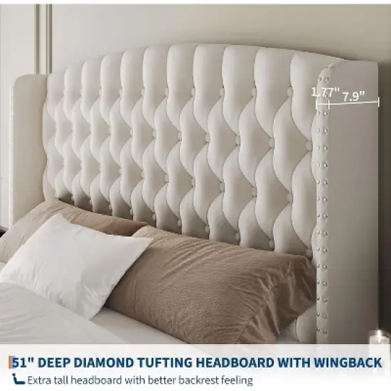 51" Tall Queen/King Size Bed Frame with Deep Button Tufted Wingback Headboard and Footboard, Velvet Upholstered Platform Bed Frame, Easy Assemble image {3}