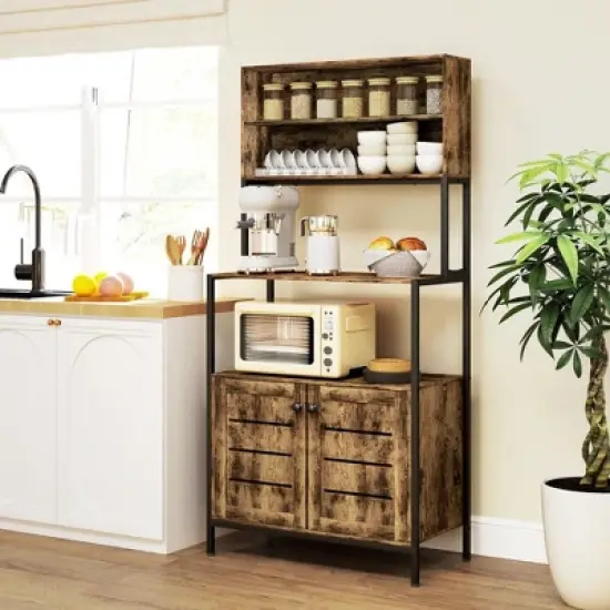 PDTEND Wood Grain Kitchen Baker&rsquo;s Rack with Power Outlet, Storage Shelves, Microwave Stand & Louvred Cabinets image {10}