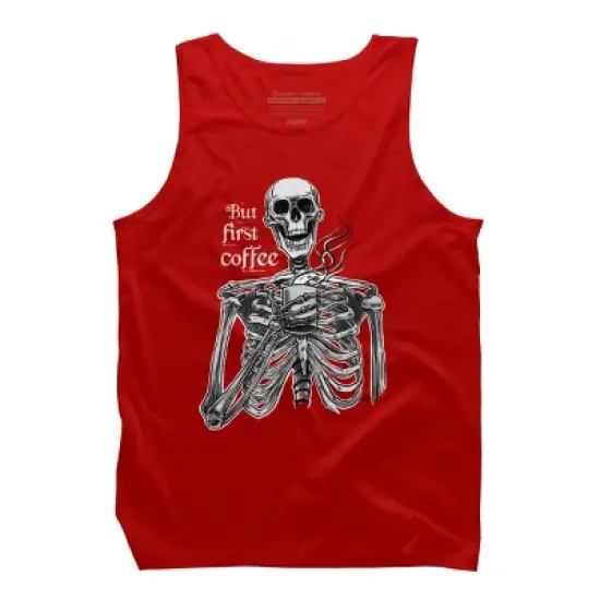Men's Design By Humans Halloween skeleton drinking coffee. But first coffee By melazergDesign Tank Top image {4}