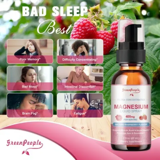 GreenPeople Magnesium Glycinate Liquid Spray 400mg - for Calm Support, Muscle, Bone & Sleep Support - 2 Fl Oz (Raspberry Flavor) image {3}