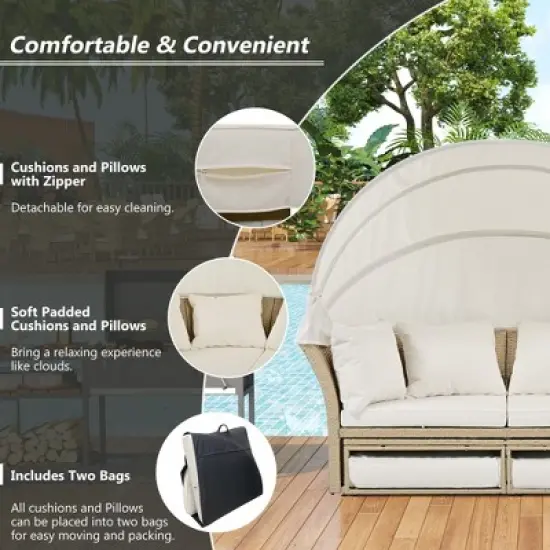 Outdoor Wicker Rattan Daybed with Storage & Retractable Canopy &ndash; Round Double Sofa Set, Includes 4 Pillows for Patio, Garden, Poolside-- Frevyn image {4}