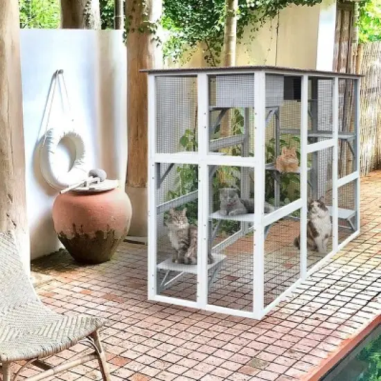 Wooden Catio Outdoor Cat Enclosure, Outdoor Cat House With Weatherproof, Large Solid Wood Cat Cage Playpen With 6 Jumping Platforms-Cuddlewood image {2}