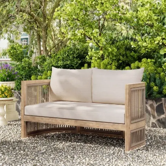 Christopher Knight Home Bonita 54" Outdoor Acacia Wood Upholstered Loveseat with Curved Rope Weave Back image {1}