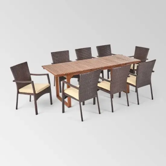 Villa 9pc Wood and Wicker Expandable Dining Set Brown and Cream - Christopher Knight Home image {1}