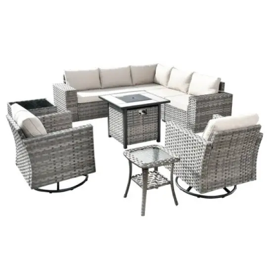 Marlton 10pc Wicker Outdoor Fire Pit Patio Furniture Set Conversation Sofa with Swivel Chairs and Cushions image {1}