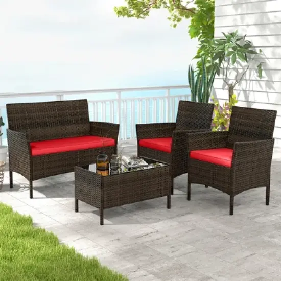 Tangkula 4 Piece Patio Rattan Conversation Set Outdoor Wicker Furniture Set with Chair Loveseat & Tempered Glass Table Cozy Seat Cushions image {2}