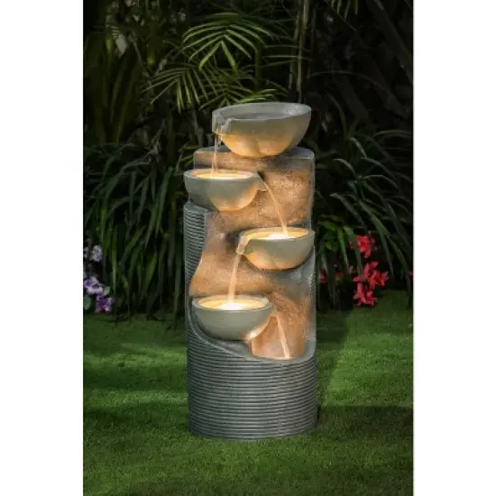 LuxenHome Modern Gray Cement Tiered Bowls Outdoor Fountain with Lights image {3}