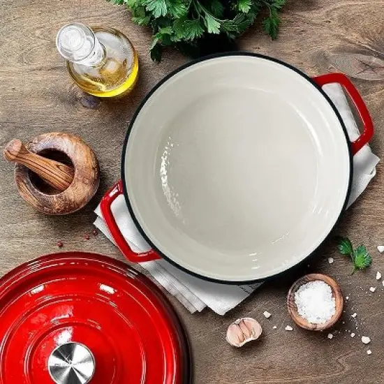 NutriChef 5 Quart Enameled Round Cast Iron Dutch Oven with Self Basting Lid, Red image {5}