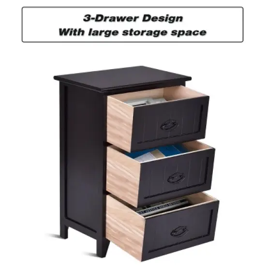 Tangkula 3 Drawers Nightstand End Table Storage Wood Side Bedside Black image {5}