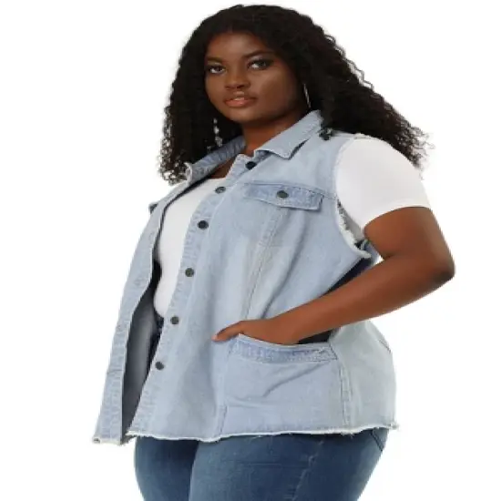 Agnes Orinda Women's Plus Size Denim Button Down Raw Hem Denim Vests image {3}